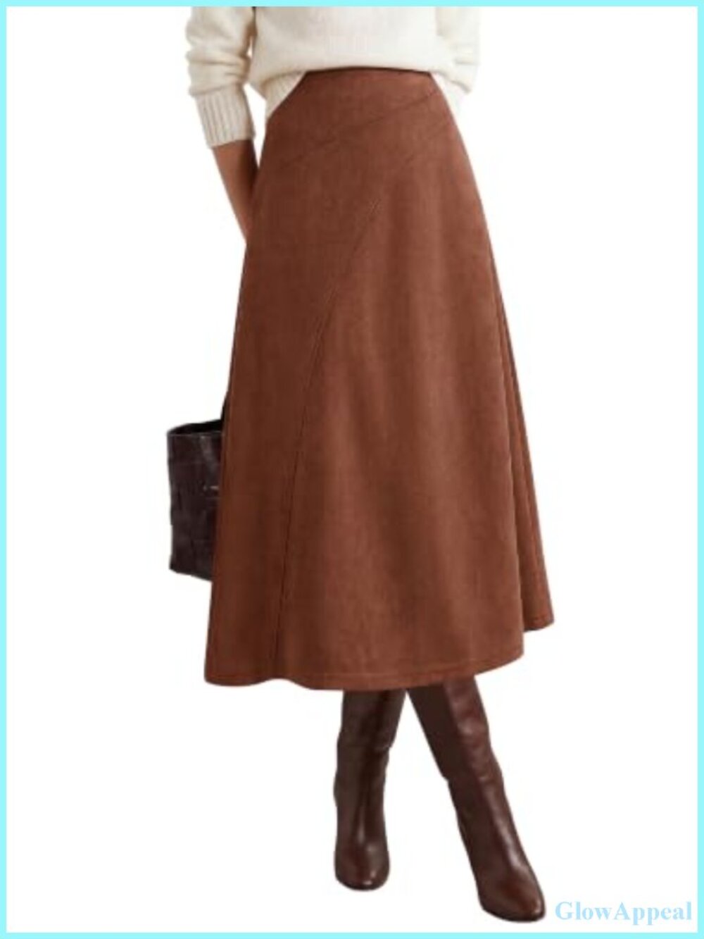 Faux Suede Midi Skirt High Waisted A-Line Boho Fall Winter